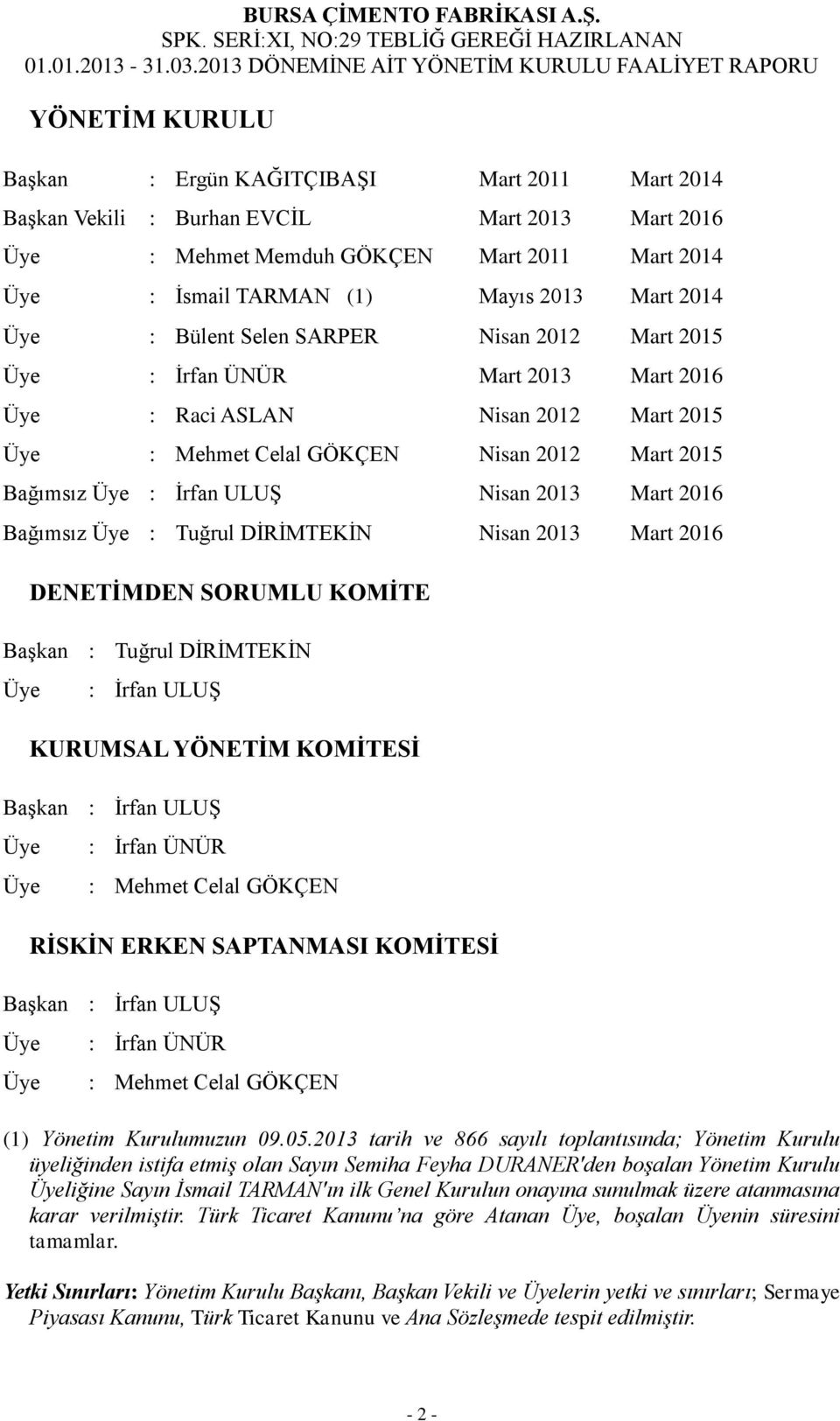 Nisan 2013 Mart 2016 Bağımsız Üye : Tuğrul DİRİMTEKİN Nisan 2013 Mart 2016 DENETİMDEN SORUMLU KOMİTE Başkan : Tuğrul DİRİMTEKİN Üye : İrfan ULUŞ KURUMSAL YÖNETİM KOMİTESİ Başkan : İrfan ULUŞ Üye Üye