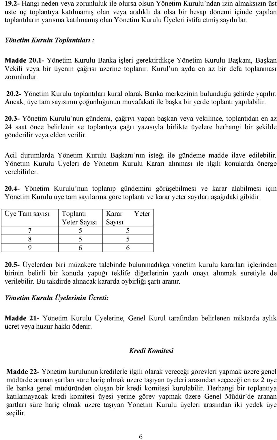 1- Yönetim Kurulu Banka işleri gerektirdikçe Yönetim Kurulu Başkanı, Başkan Vekili veya bir üyenin çağrısı üzerine toplanır. Kurul un ayda en az bir defa toplanması zorunludur. 20.