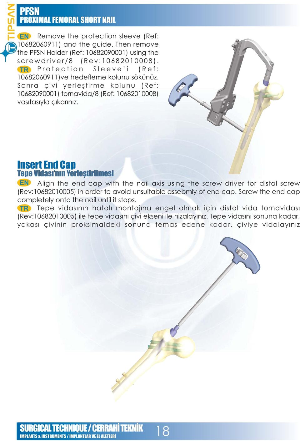 Insert End Cap Tepe Vidasý nýn Yerleþtirilmesi Align the end cap with the nail axis using the screw driver for distal screw (Rev:10682010005) in order to avoid unsuitable assebmly of end cap.