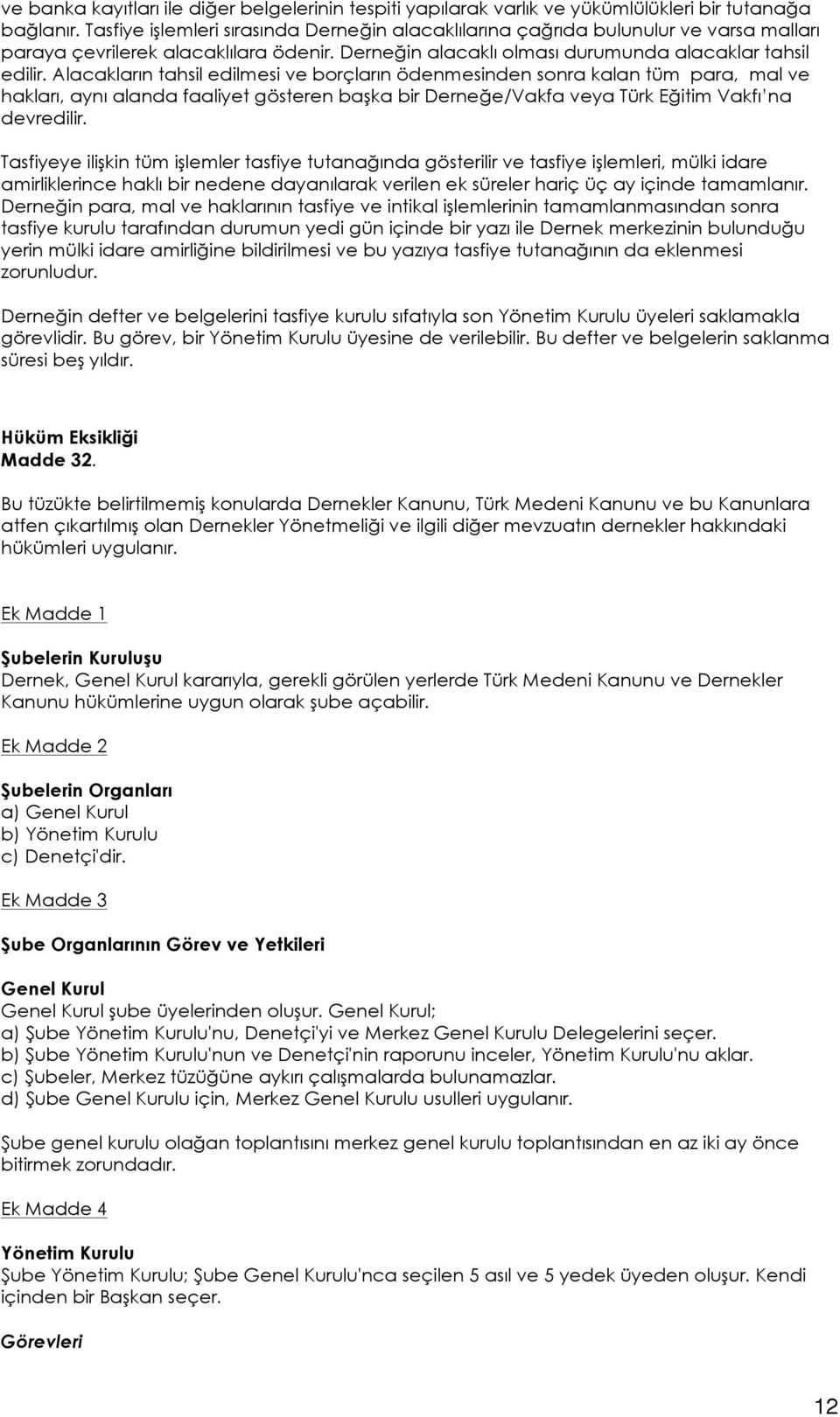 Alacakların tahsil edilmesi ve borçların ödenmesinden sonra kalan tüm para, mal ve hakları, aynı alanda faaliyet gösteren başka bir Derneğe/Vakfa veya Türk Eğitim Vakfı na devredilir.