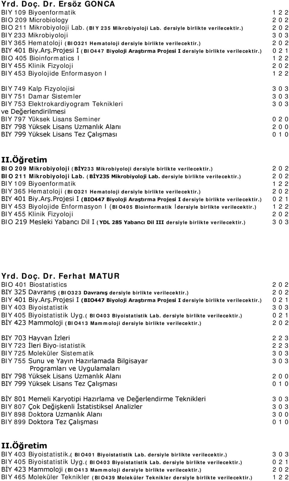 ) 2 0 2 BIO 405 Bioinformatics I 1 2 2 BIY 455 Klinik Fizyoloji 2 0 2 BIY 453 Biyolojide Enformasyon I 1 2 2 BIY 749 Kalp Fizyolojisi 3 0 3 BIY 751 Damar Sistemler 3 0 3 BIY 753 Elektrokardiyogram