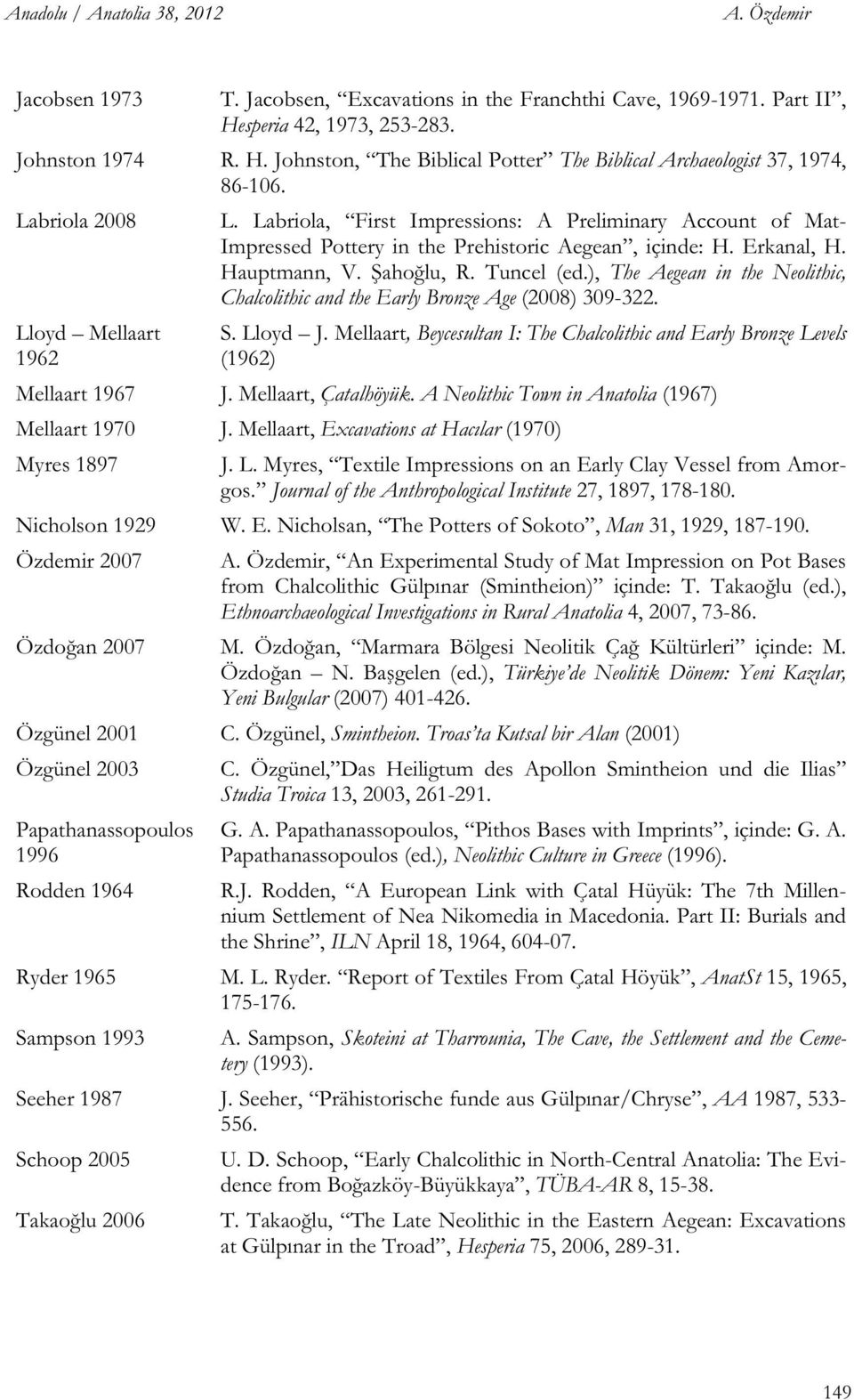 ), The Aegean in the Neolithic, Chalcolithic and the Early Bronze Age (2008) 309-322. Lloyd Mellaart 1962 S. Lloyd J.