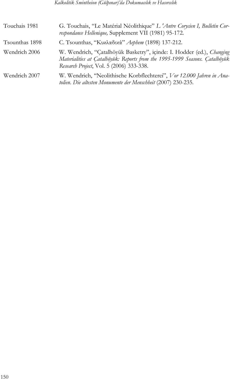 Tsounthas, Aephem (1898) 137-212. Wendrich 2006 W. Wendrich, Çatalhöyük Basketry, içinde: I. Hodder (ed.
