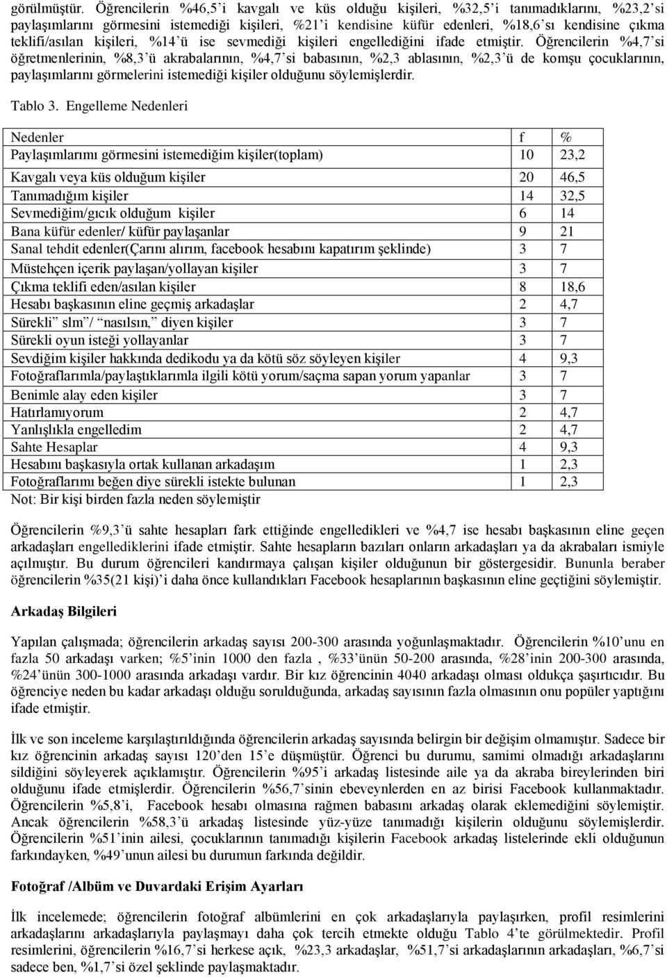 teklifi/asılan kişileri, %14 ü ise sevmediği kişileri engellediğini ifade etmiştir.