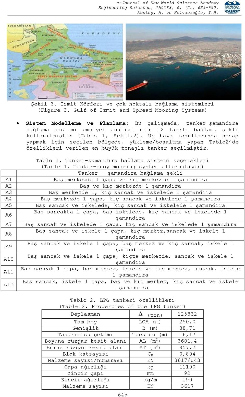 Uç hava koşullarında hesap yapmak için seçilen bölgede, yükleme/boşaltma yapan Tablo2 de özellikleri verilen en büyük tonajlı tanker seçilmiştir. A1 A2 A3 A4 A5 A6 A7 A8 A9 A10 A11 A12 Tablo 1.