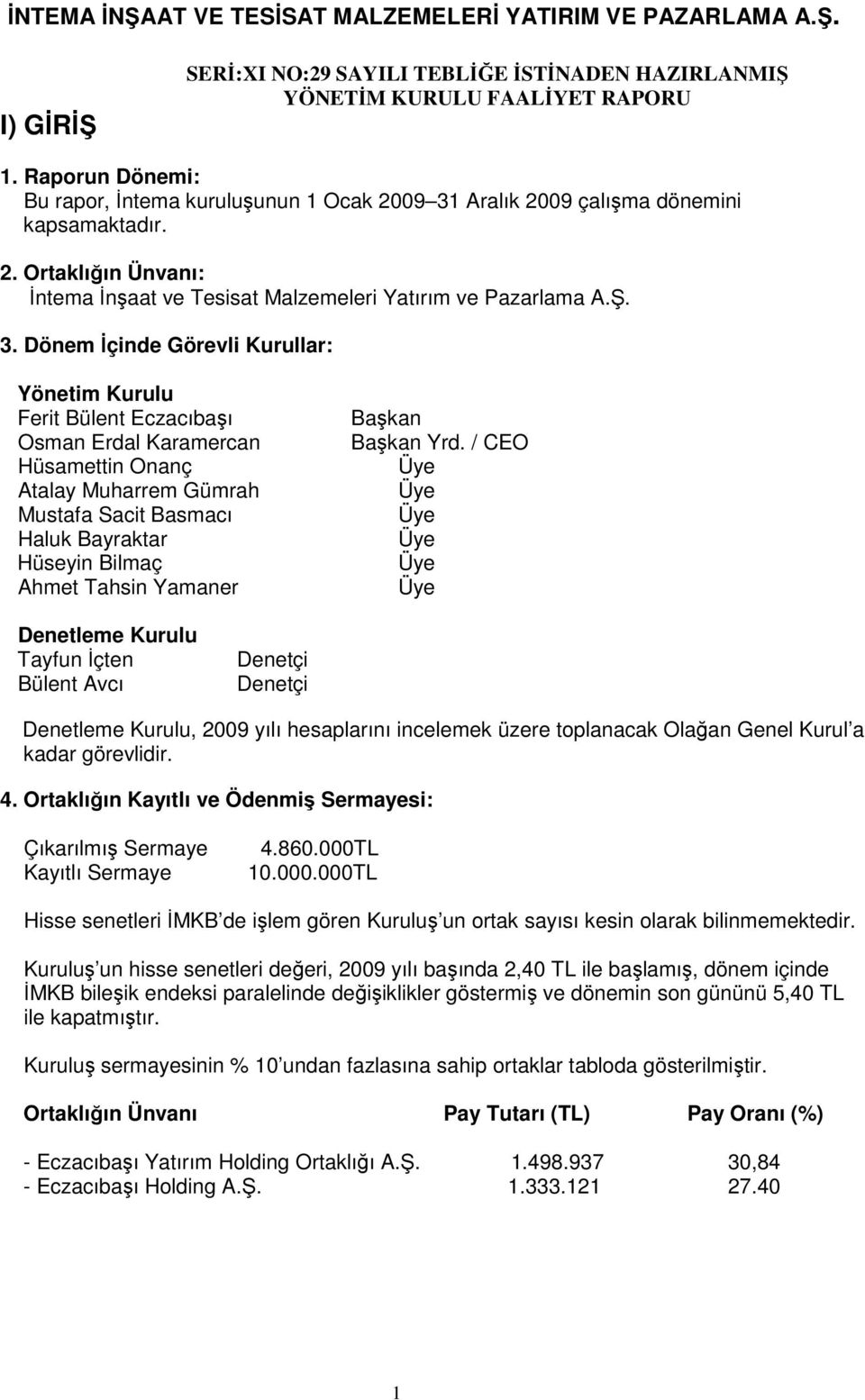 Aralık 2009 çalışma dönemini kapsamaktadır. 2. Ortaklığın Ünvanı: İntema İnşaat ve Tesisat Malzemeleri Yatırım ve Pazarlama A.Ş. 3.