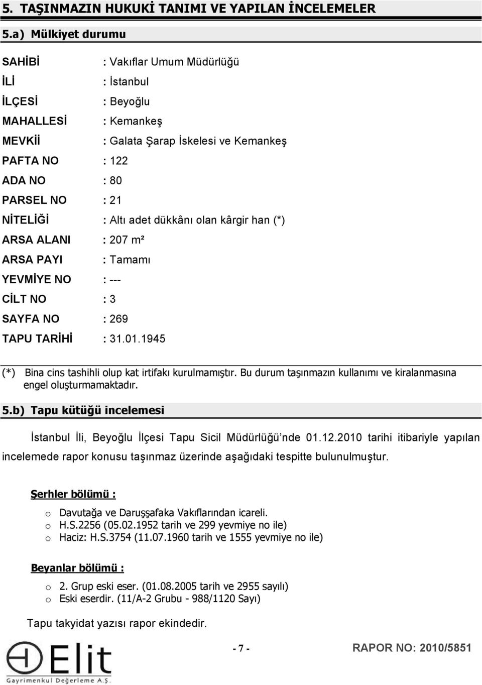 : Altı adet dükkânı olan kârgir han (*) ARSA ALANI : 207 m² ARSA PAYI : Tamamı YEVMİYE NO : --- CİLT NO : 3 SAYFA NO : 269 TAPU TARİHİ : 31.01.