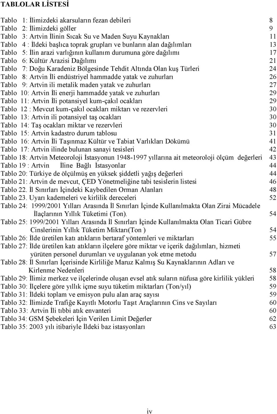 Tablo 8: Artvin li endüstriyel hammadde yatak ve zuhurlar" 26 Tablo 9: Artvin ili metalik maden yatak ve zuhurlar" 27 Tablo 10: Artvin li enerji hammadde yatak ve zuhurlar" 29 Tablo 11: Artvin li