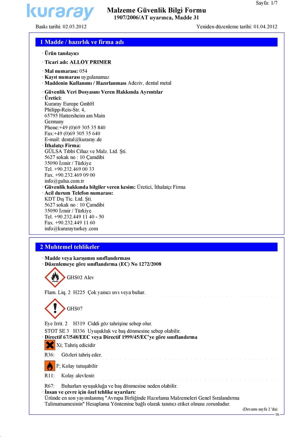 de İthalatçı Firma: GÜLSA Tıbbi Cihaz ve Malz. Ltd. Şti. 5627 sokak no : 10 Çamdibi 35090 İzmir / Türkiye Tel. +90.232.469 00 33 Fax. +90.232.469 09 00 info@gulsa.com.