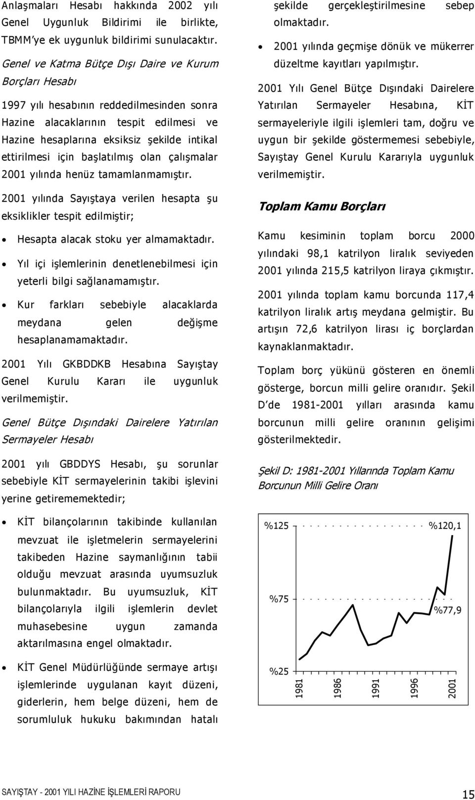 ba latılmı olan çalı malar 2001 yılında henüz tamamlanmamı tır. 2001 yılında Sayı taya verilen hesapta u eksiklikler tespit edilmi tir; Hesapta alacak stoku yer almamaktadır.