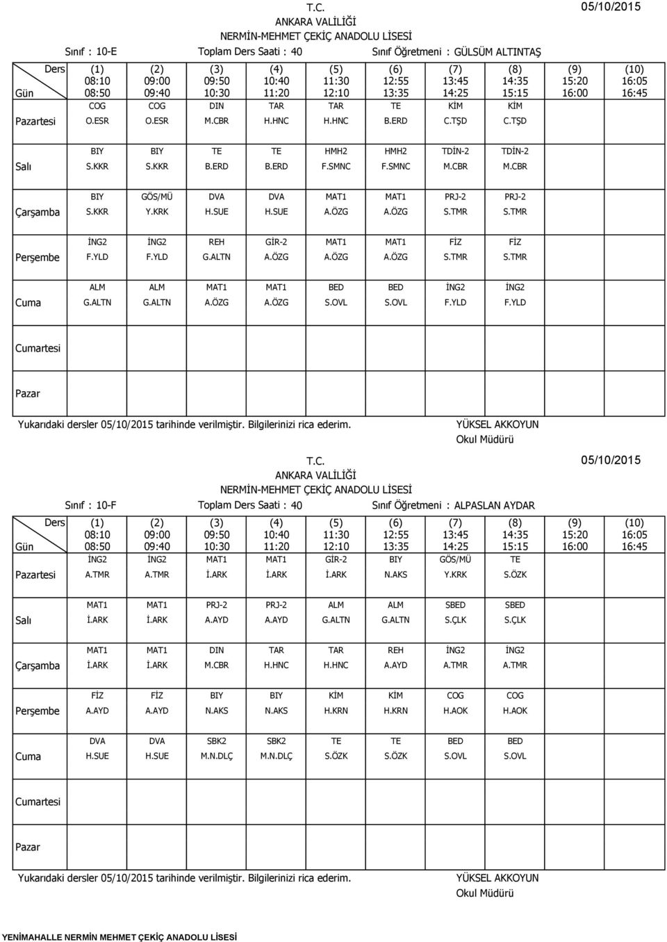 ALTN G.ALTN A.ÖZG A.ÖZG S.OVL S.OVL F.YLD F.YLD rtesi tesi Sınıf : 10-F Toplam Saati : 40 Sınıf Öğretmeni : ALPASLAN AYDAR İNG2 İNG2 MAT1 MAT1 GİR-2 BIY GÖS/MÜ TE A.TMR A.TMR İ.ARK İ.ARK İ.ARK N.