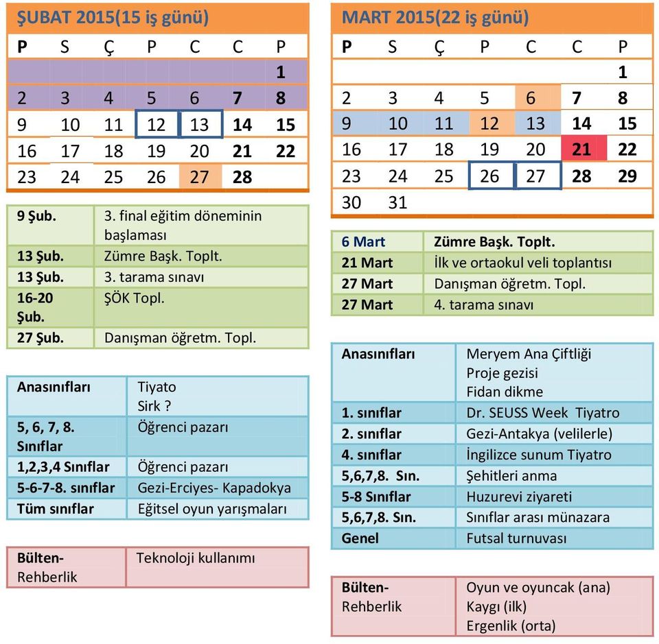 sınıflar Gezi-Erciyes- Kapadokya Tüm sınıflar Eğitsel oyun yarışmaları Teknoloji kullanımı MART 2015(22 iş günü) 1 2 3 4 5 6 7 8 9 10 11 12 13 14 15 16 17 18 19 20 21 22 23 24 25 26 27 28 29 30 31 6