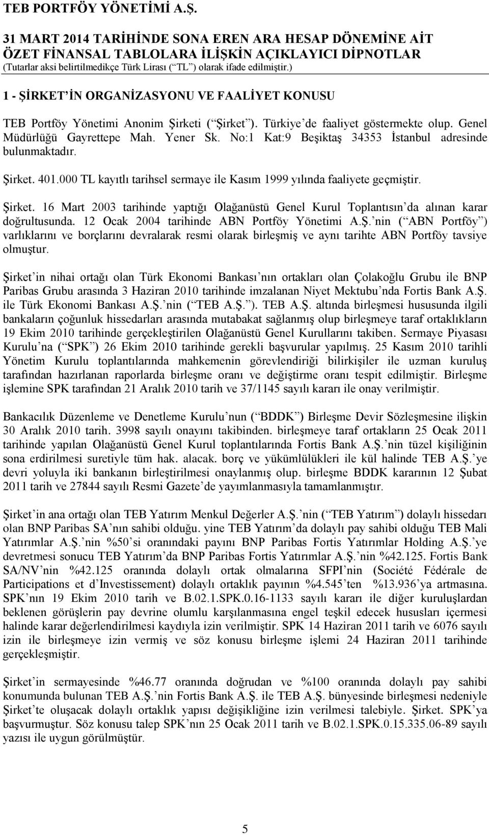 12 Ocak 2004 tarihinde ABN Portföy Yönetimi A.Ş. nin ( ABN Portföy ) varlıklarını ve borçlarını devralarak resmi olarak birleşmiş ve aynı tarihte ABN Portföy tavsiye olmuştur.