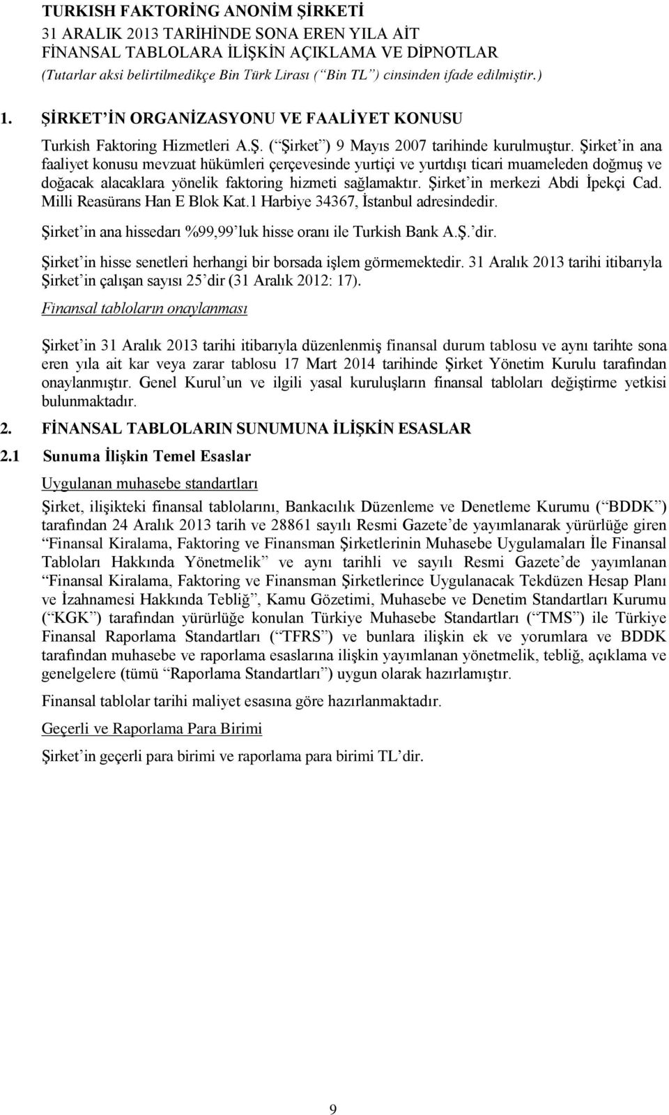 Şirket in merkezi Abdi İpekçi Cad. Milli Reasürans Han E Blok Kat.1 Harbiye 34367, İstanbul adresindedir. Şirket in ana hissedarı %99,99 luk hisse oranı ile Turkish Bank A.Ş. dir.