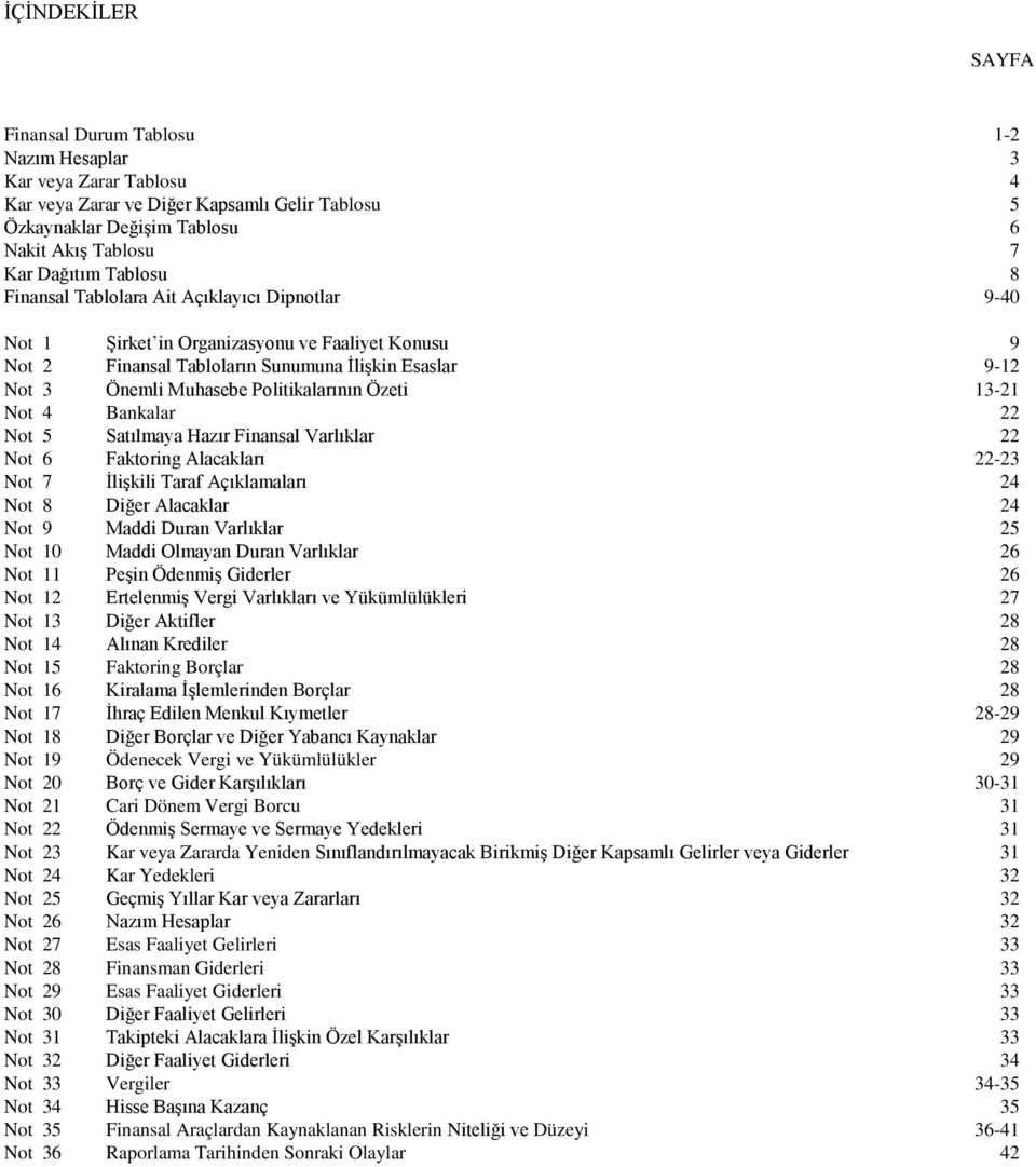 Politikalarının Özeti 13-21 Not 4 Bankalar 22 Not 5 Satılmaya Hazır Finansal Varlıklar 22 Not 6 Faktoring Alacakları 22-23 Not 7 İlişkili Taraf Açıklamaları 24 Not 8 Diğer Alacaklar 24 Not 9 Maddi