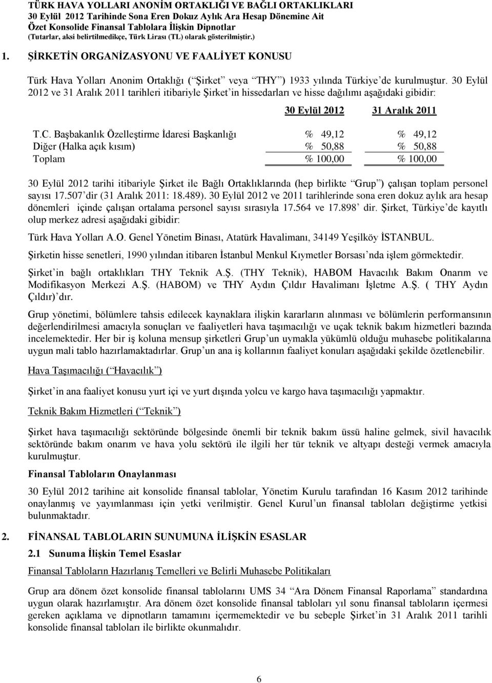 Başbakanlık Özelleştirme İdaresi Başkanlığı % 49,12 % 49,12 Diğer (Halka açık kısım) % 50,88 % 50,88 Toplam % 100,00 % 100,00 30 Eylül 2012 tarihi itibariyle Şirket ile Bağlı Ortaklıklarında (hep