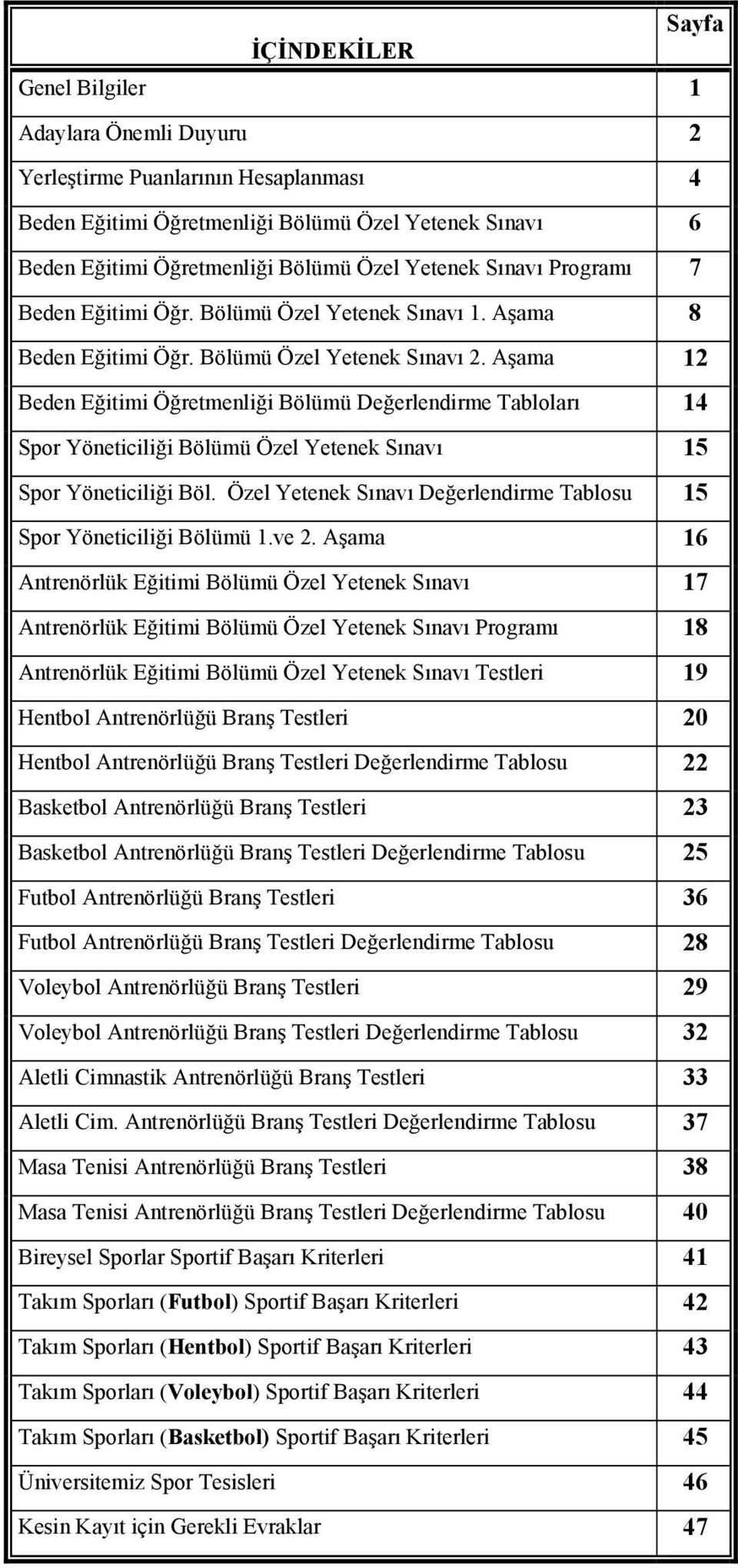 Aşama 12 Beden Eğitimi Öğretmenliği Bölümü Değerlendirme Tabloları 14 Spor Yöneticiliği Bölümü Özel Yetenek Sınavı 15 Spor Yöneticiliği Böl.