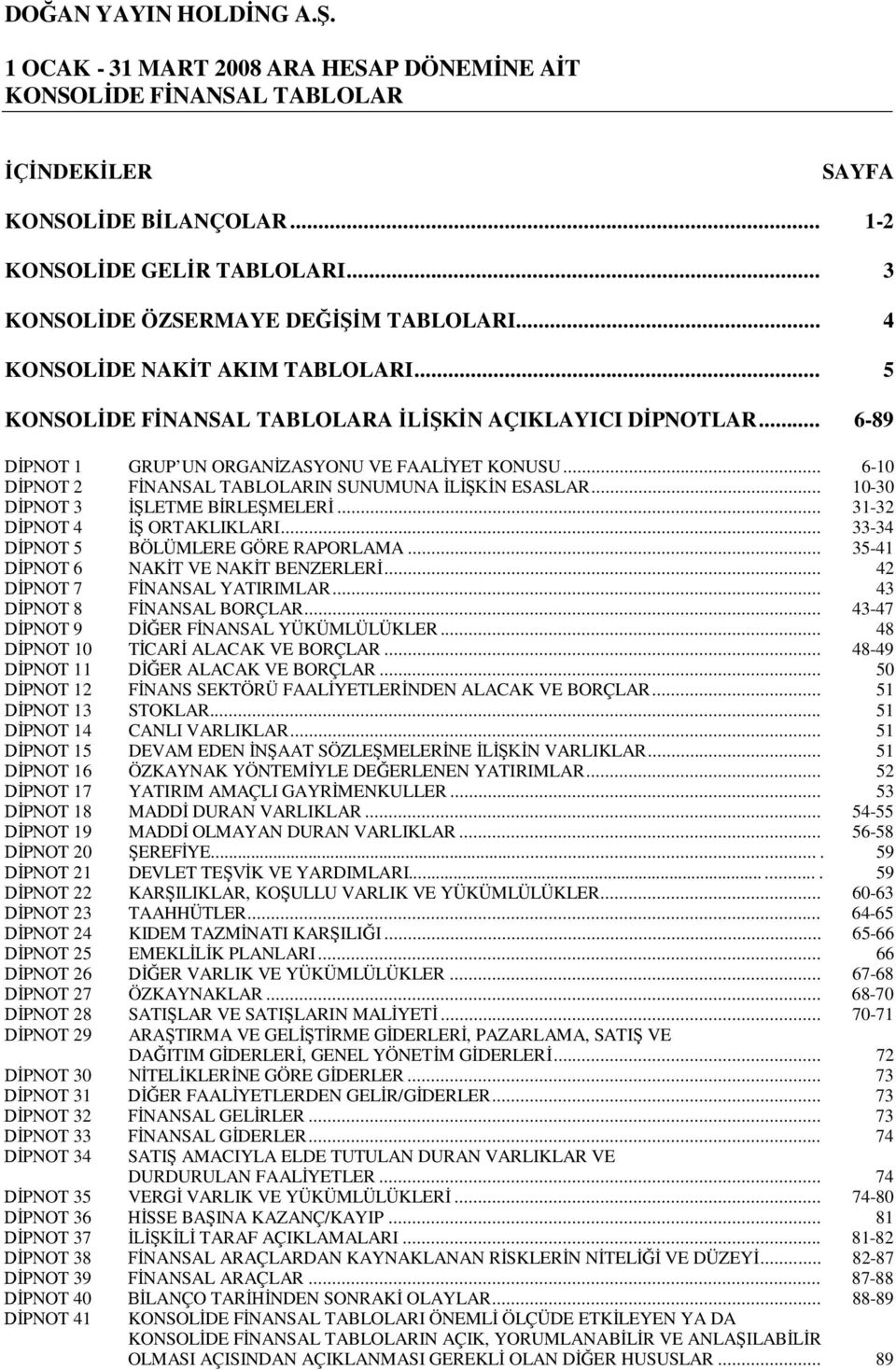 .. 31-32 PNOT 4 ORTAKLIKLARI... 33-34 PNOT 5 BÖLÜMLERE GÖRE RAPORLAMA... 35-41 PNOT 6 NAK T VE NAK T BENZERLER... 42 PNOT 7 NANSAL YATIRIMLAR... 43 PNOT 8 NANSAL BORÇLAR.