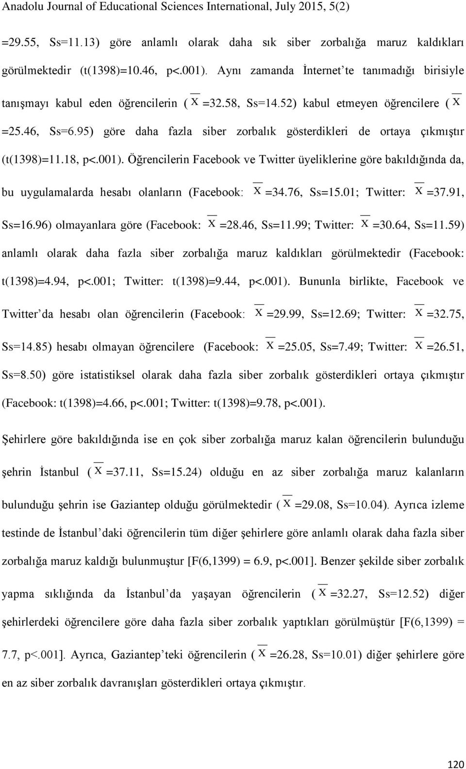 95) göre daha fazla siber zorbalık gösterdikleri de ortaya çıkmıştır (t(1398)=11.18, p<.001).