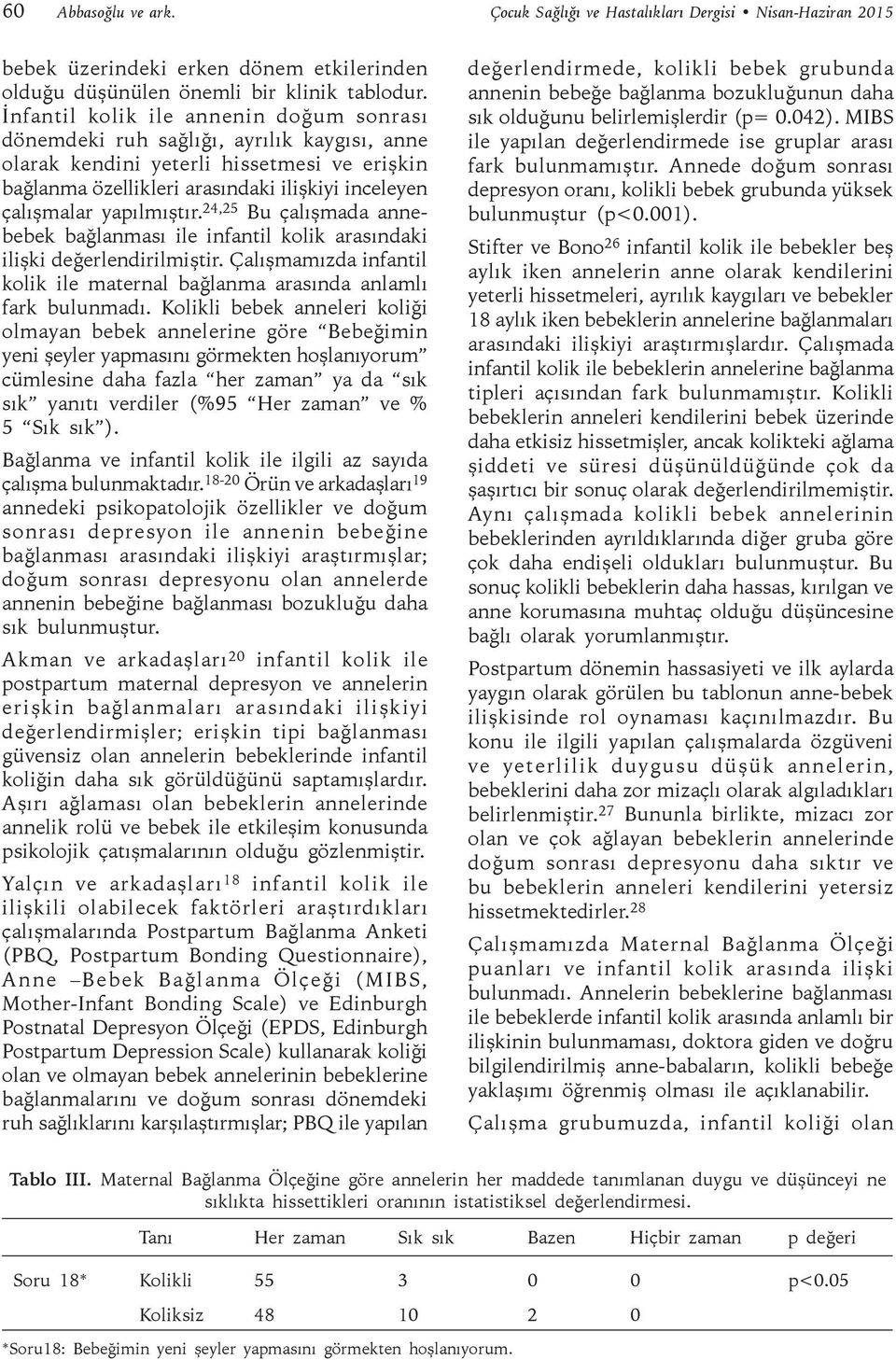 yapılmıştır. 24,25 Bu çalışmada annebebek bağlanması ile infantil kolik arasındaki ilişki değerlendirilmiştir. Çalışmamızda infantil kolik ile maternal bağlanma arasında anlamlı fark bulunmadı.