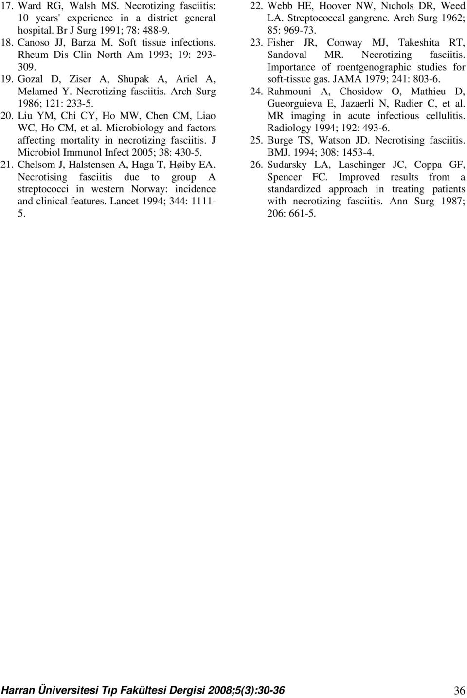 Liu YM, Chi CY, Ho MW, Chen CM, Liao WC, Ho CM, et al. Microbiology and factors affecting mortality in necrotizing fasciitis. J Microbiol Immunol Infect 2005; 38: 430-5. 21.