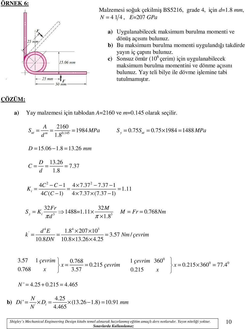 A 160 = = = 1984 MP 0.145 y = 0.75 = 0.75 1984 = 1488 MP d 1.8 D = 15.06 1.8 = 13.6 D 13.6 C = = = 7.37 d 1.8 K i C 1 4 7.37 7.37 1 1.11 = = = 4 C( C 1) 4 7.37 (7.37 1) 3Fr 3M = y Ki 1488=1.11 M Fr 0.