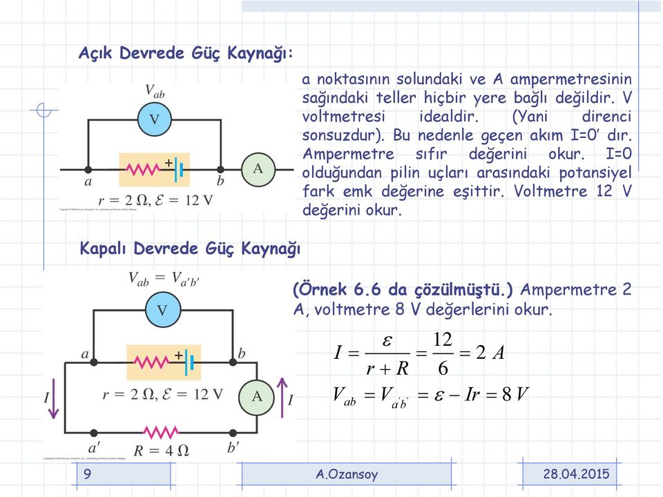 I=0 olduğundan pilin uçları arasındaki potansiyel fark emk değerine eşittir. Voltmetre 12 V değerini okur.