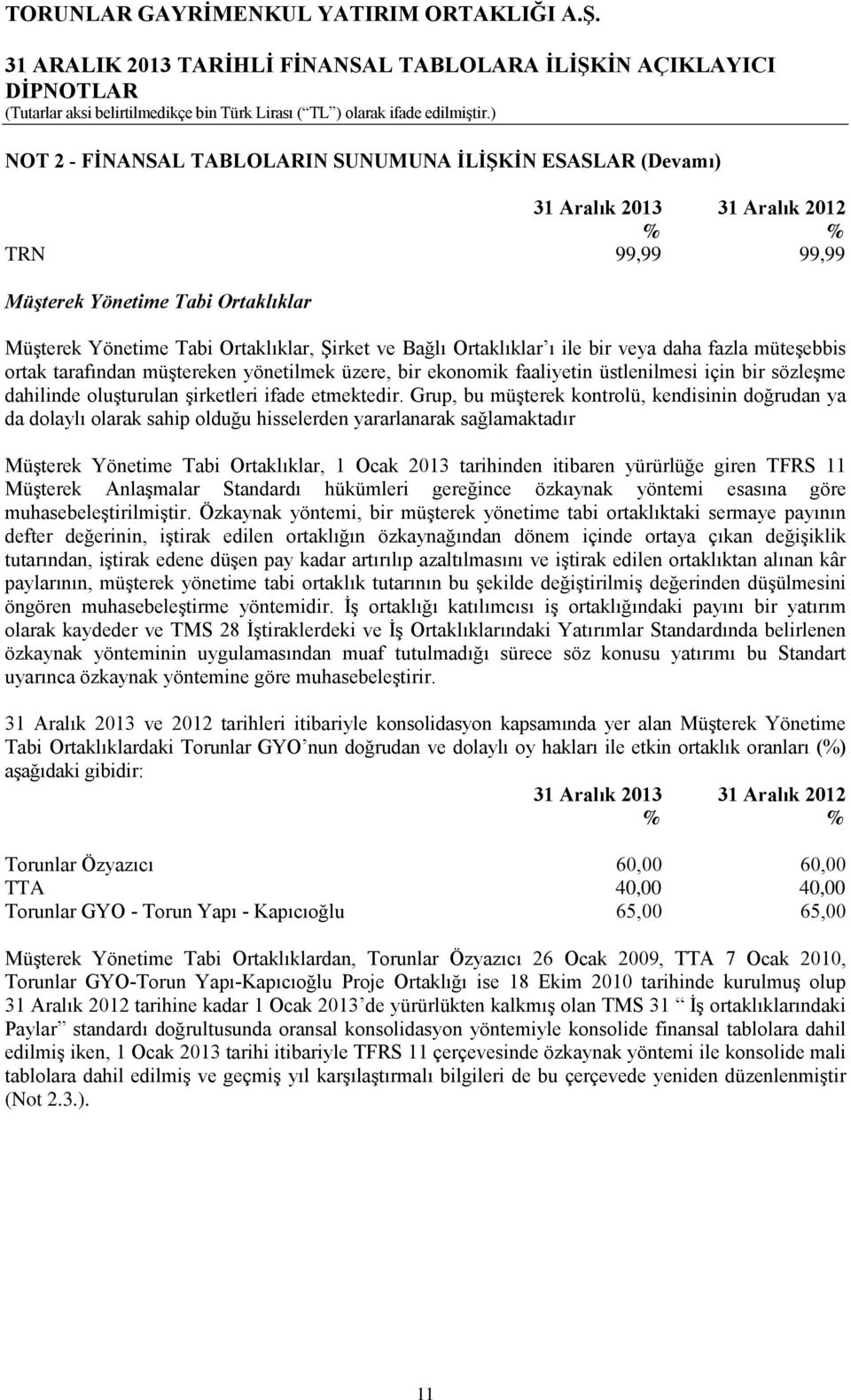 Grup, bu müşterek kontrolü, kendisinin doğrudan ya da dolaylı olarak sahip olduğu hisselerden yararlanarak sağlamaktadır Müşterek Yönetime Tabi Ortaklıklar, 1 Ocak 2013 tarihinden itibaren yürürlüğe