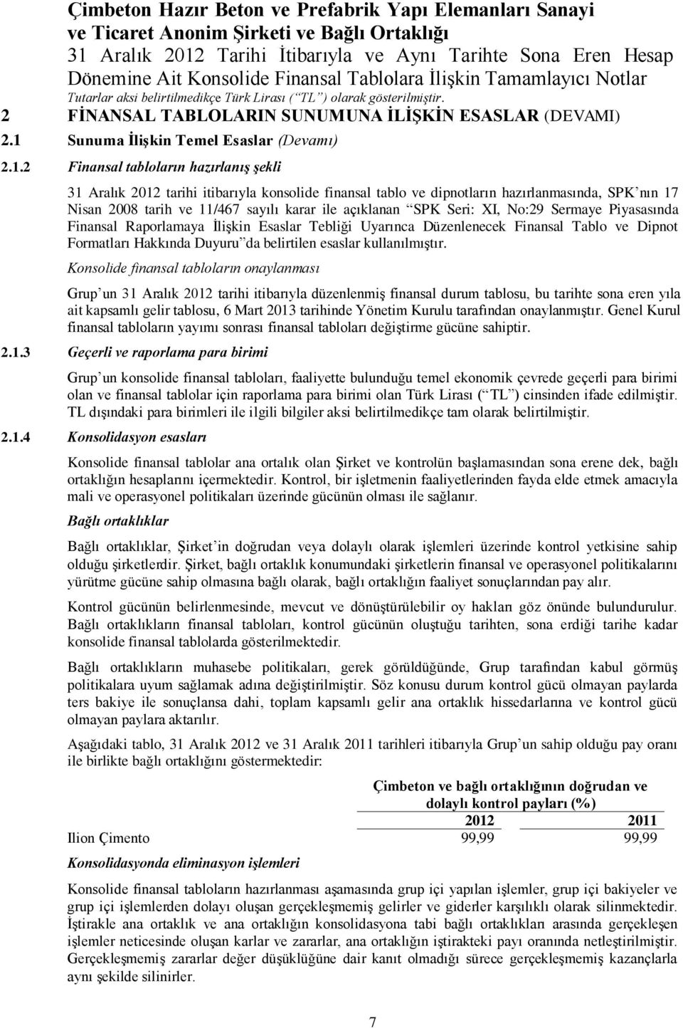 2 Finansal tabloların hazırlanış şekli 31 Aralık 2012 tarihi itibarıyla konsolide finansal tablo ve dipnotların hazırlanmasında, SPK nın 17 Nisan 2008 tarih ve 11/467 sayılı karar ile açıklanan SPK