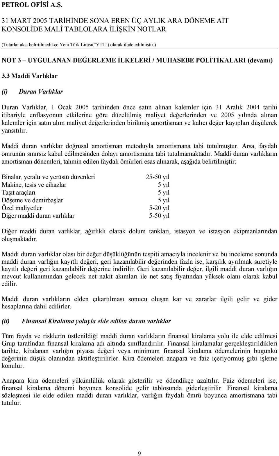 değerlerinden ve 2005 yılında alınan kalemler için satın alım maliyet değerlerinden birikmiş amortisman ve kalıcı değer kayıpları düşülerek yansıtılır.