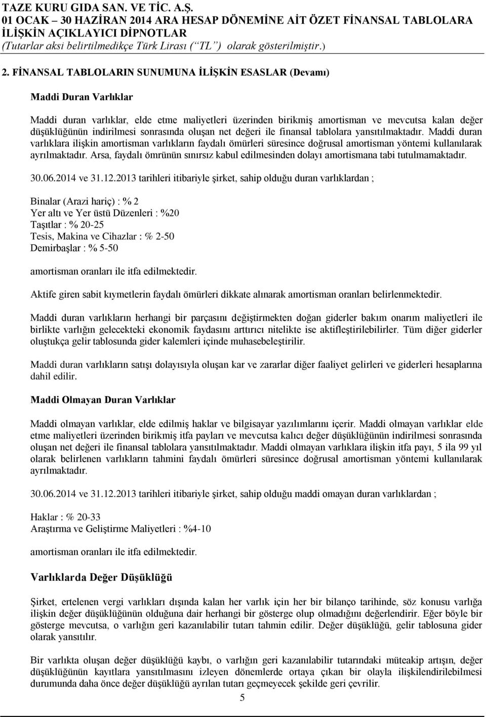 Maddi duran varlıklara ilişkin amortisman varlıkların faydalı ömürleri süresince doğrusal amortisman yöntemi kullanılarak ayrılmaktadır.