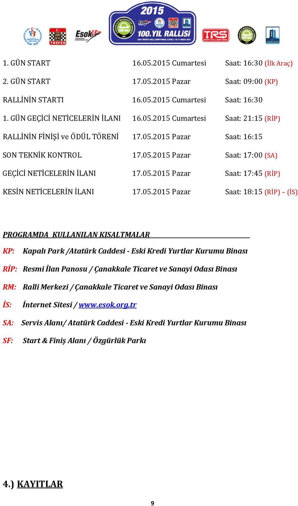 (İS) PROGRAMDA KULLANILAN KISALTMALAR KP: Kapalı Park /Atatürk Caddesi - Eski Kredi Yurtlar Kurumu Binası RİP: Resmi İlan Panosu / Çanakkale Ticaret ve Sanayi Odası Binası RM: Ralli Merkezi /