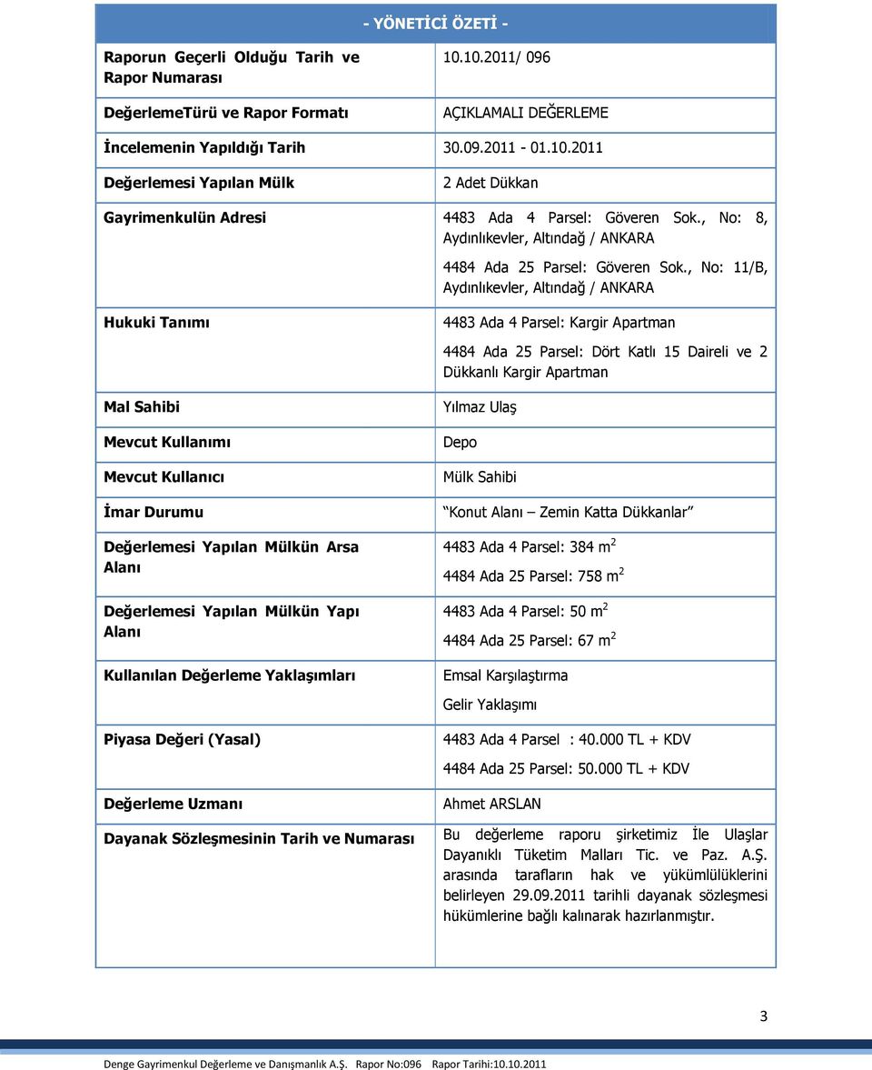 , No: 11/B, Aydınlıkevler, Altındağ / ANKARA Hukuki Tanımı 4483 Ada 4 Parsel: Kargir Apartman 4484 Ada 25 Parsel: Dört Katlı 15 Daireli ve 2 Dükkanlı Kargir Apartman Mal Sahibi Mevcut Kullanımı