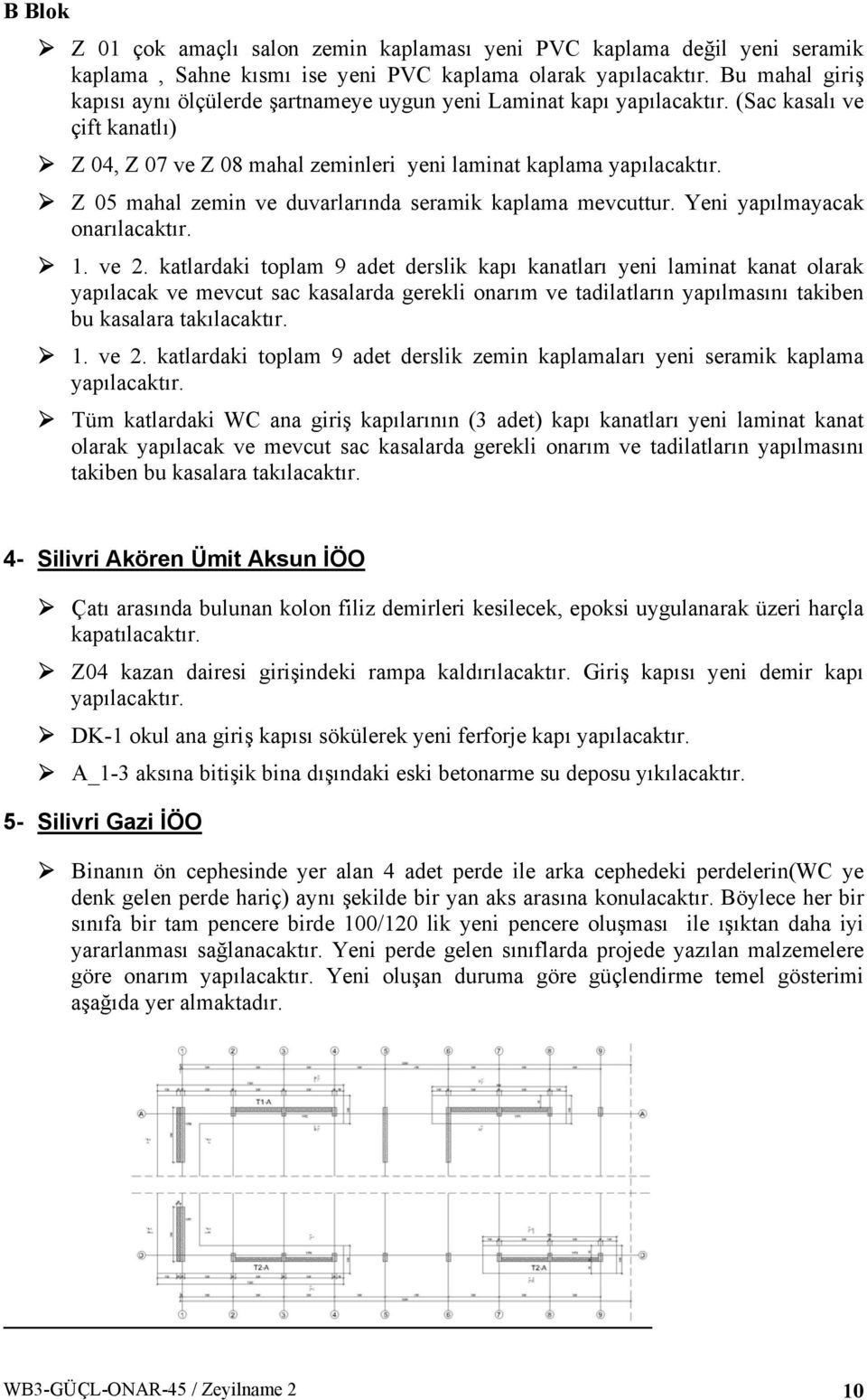 katlardaki toplam 9 adet derslik kapı kanatları yeni laminat kanat olarak yapılacak ve mevcut sac kasalarda gerekli onarım ve tadilatların yapılmasını takiben bu kasalara takılacaktır. 1. ve 2.