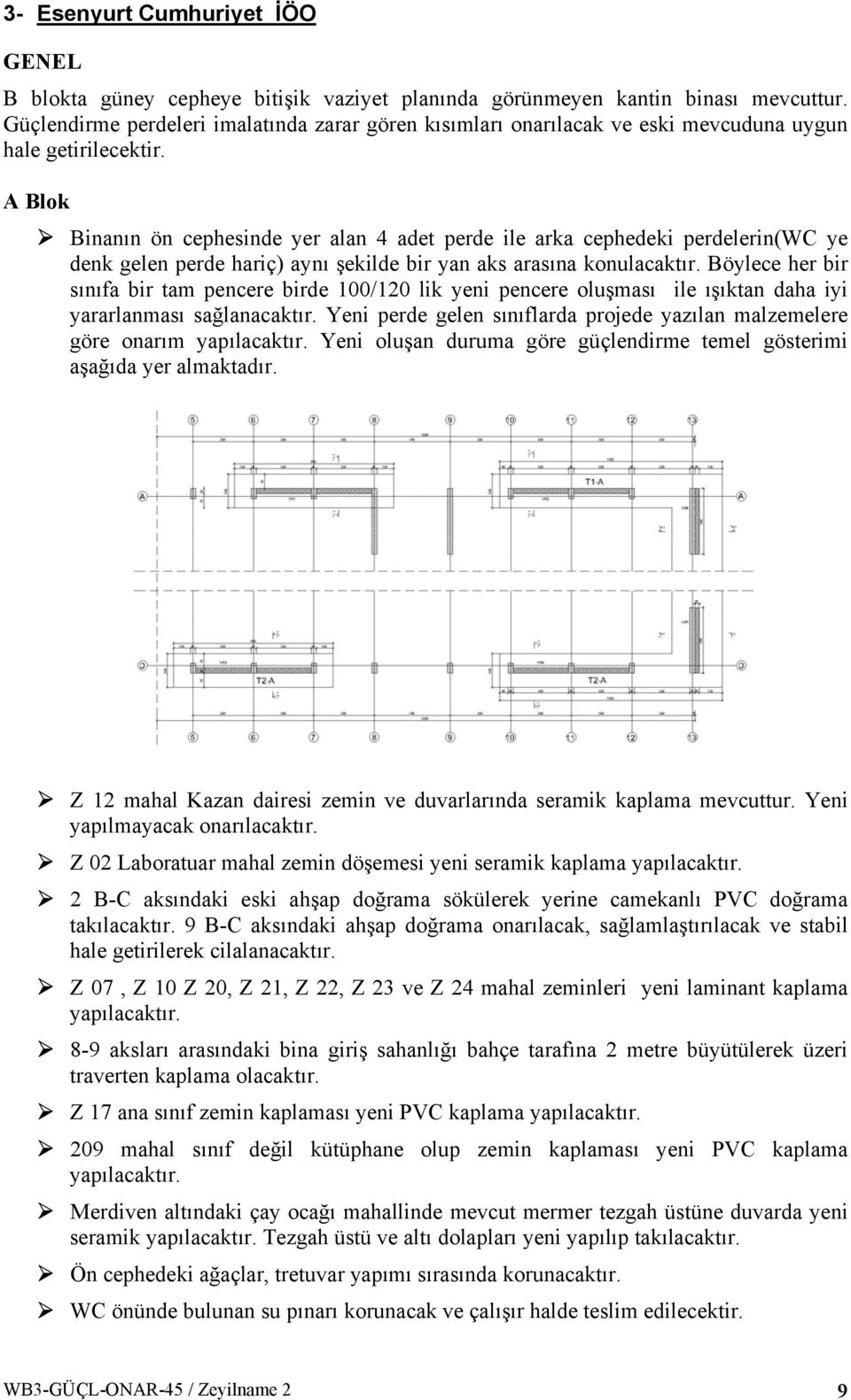 A Blok Binanın ön cephesinde yer alan 4 adet perde ile arka cephedeki perdelerin(wc ye denk gelen perde hariç) aynı şekilde bir yan aks arasına konulacaktır.