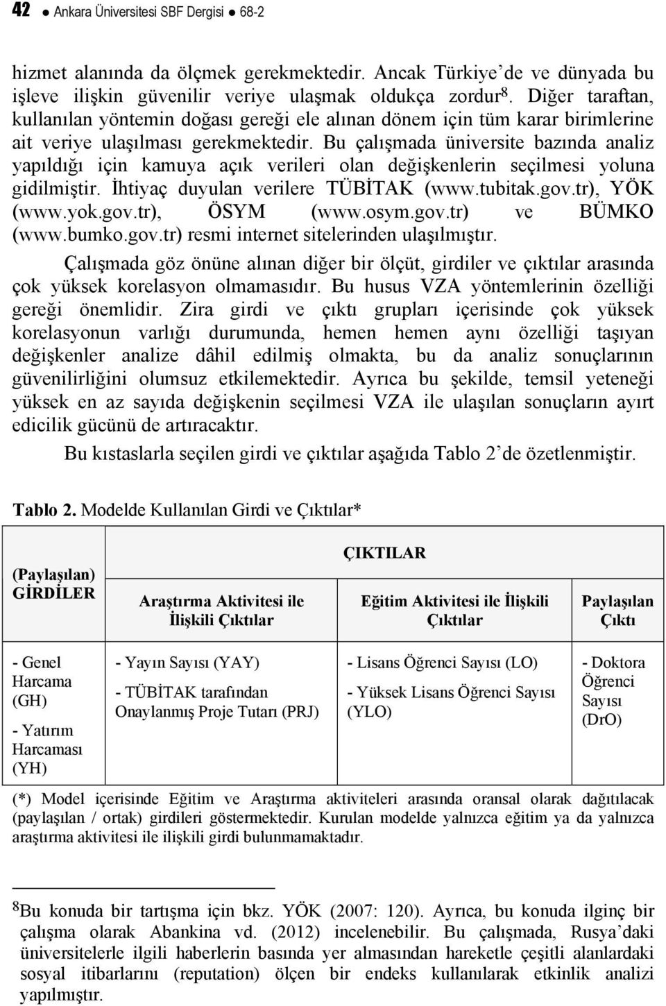 Bu çalışmada üniverite bazında analiz yapıldığı için amuya açı verileri olan değişenlerin eçilmei yoluna gidilmiştir. İhtiyaç duyulan verilere TÜBİTAK (www.tubita.gov.tr), YÖK (www.yo.gov.tr), ÖSYM (www.