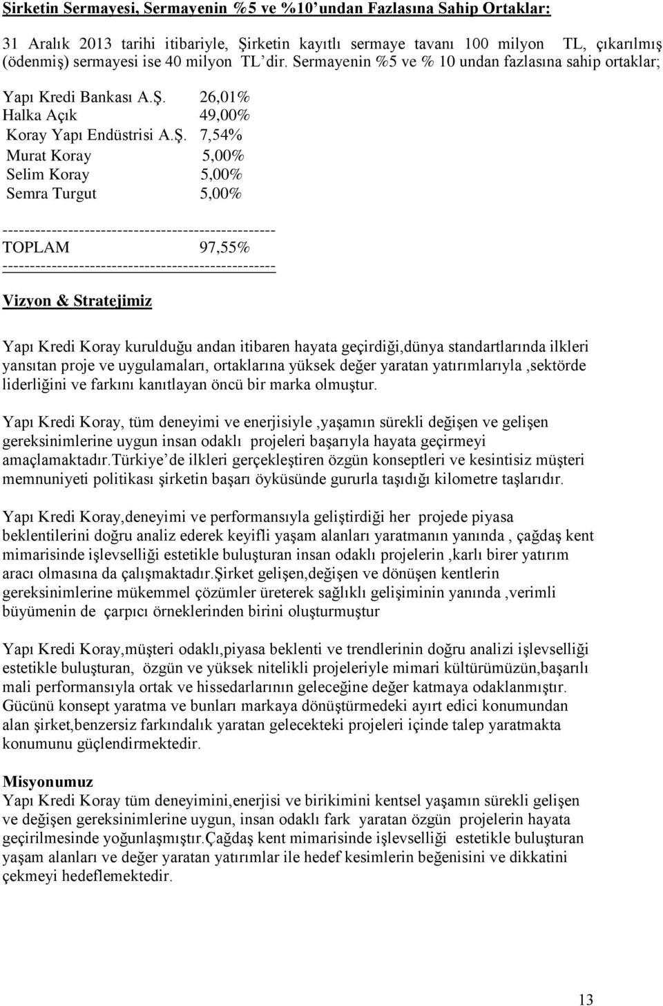 26,01% Halka Açık 49,00% Koray Yapı Endüstrisi A.ġ.