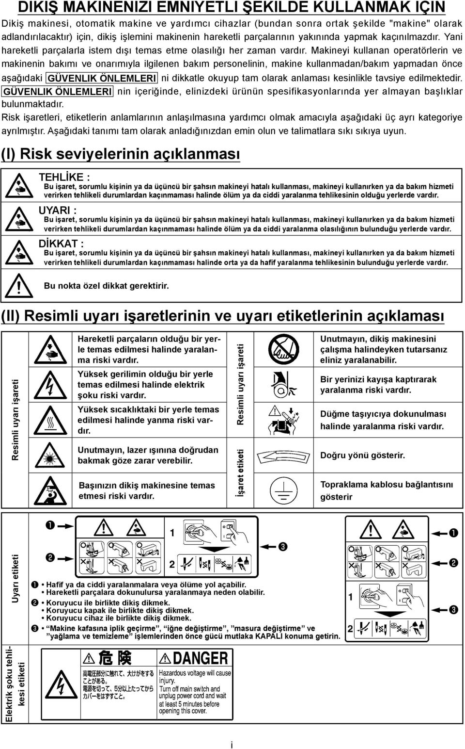 Makineyi kullanan operatörlerin ve makinenin bakımı ve onarımıyla ilgilenen bakım personelinin, makine kullanmadan/bakım yapmadan önce aşağıdaki GÜVENLIK ÖNLEMLERI ni dikkatle okuyup tam olarak