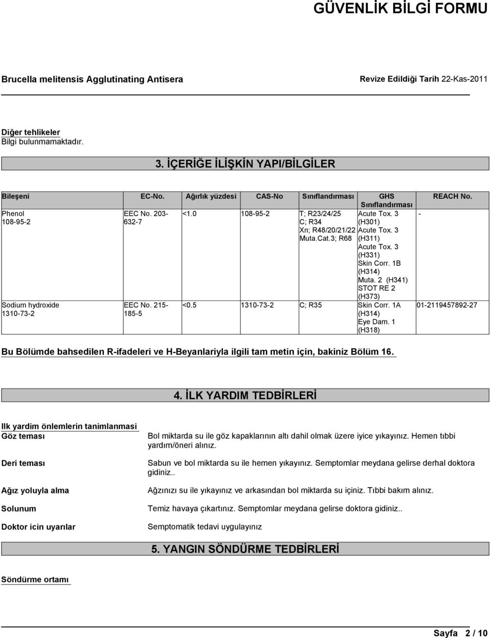 1A (H314) Eye Dam. 1 (H318) - REACH No. 01-2119457892-27 Bu Bölümde bahsedilen R-ifadeleri ve H-Beyanlariyla ilgili tam metin için, bakiniz Bölüm 16. 4.
