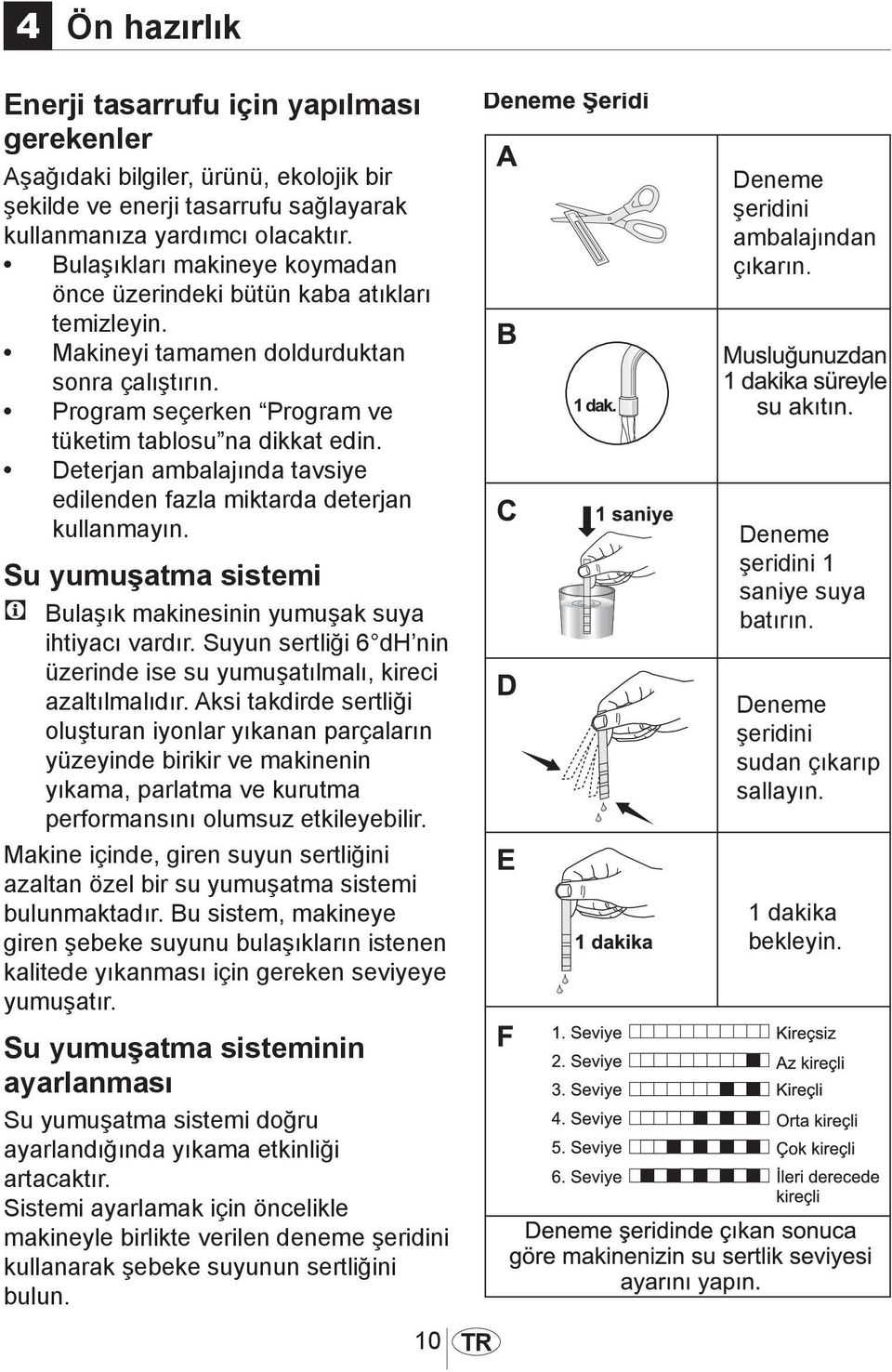 Deterjan ambalajında tavsiye edilenden fazla miktarda deterjan kullanmayın. Su yumuşatma sistemi C Bulaşık makinesinin yumuşak suya ihtiyacı vardır.