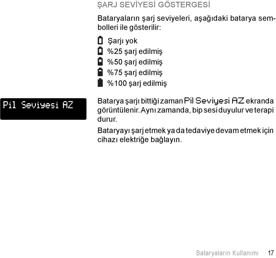 bittiği zaman Pil Seviyesi AZ ekranda görüntülenir. Aynı zamanda, bip sesi duyulur ve terapi durur.