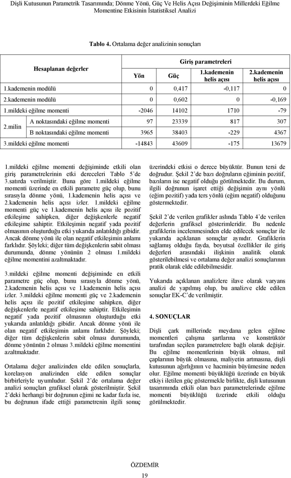 mildeki eğilme değişiminde etkili olan giriş parametrelerinin etki dereceleri Tablo 5 de 3.satırda verilmiştir. Buna göre.