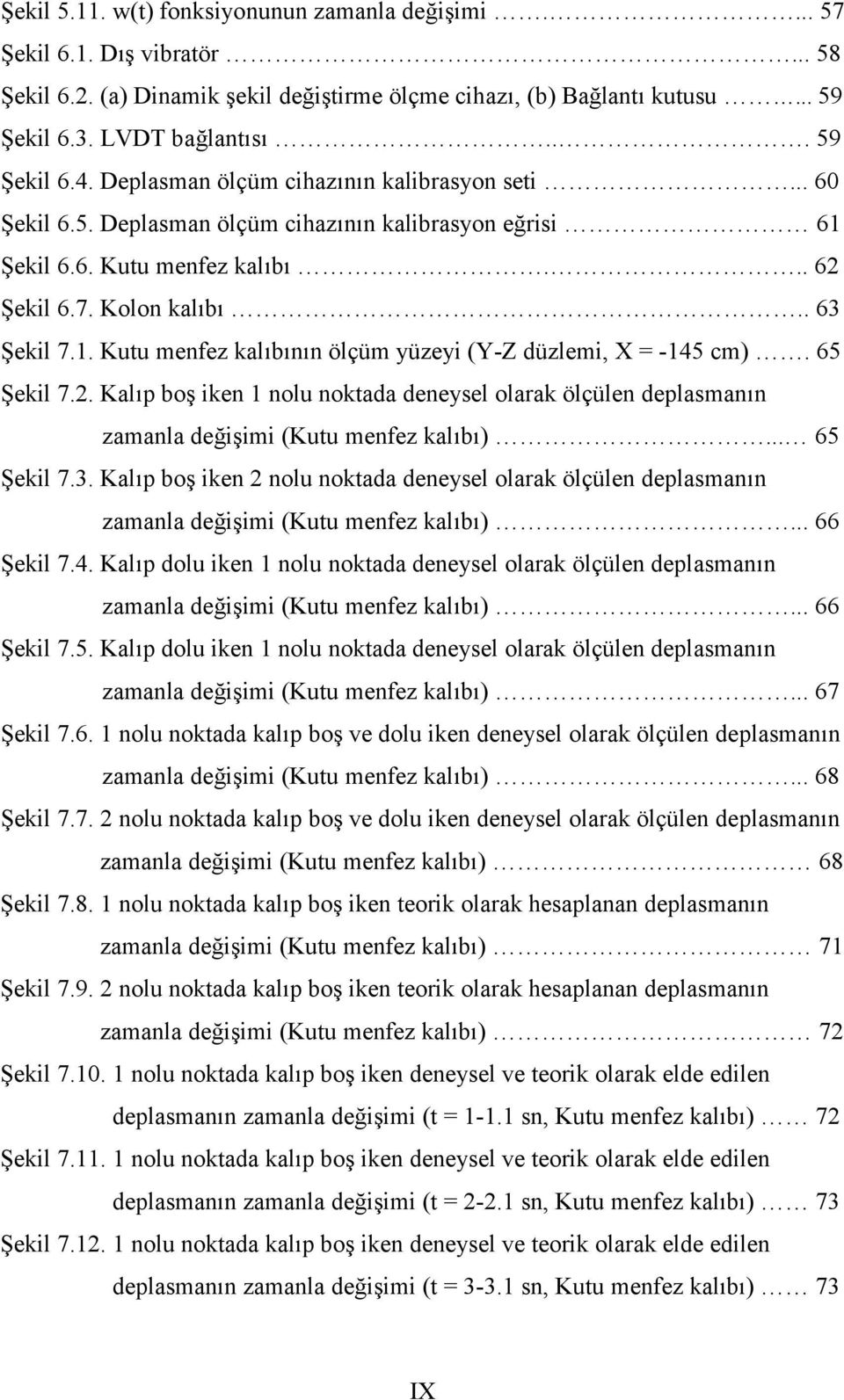 65 ekil 7.2. Kal6p bo7 iken 1 nolu noktada deneysel olarak ölçülen deplasman6n zamanla de@i7imi (Kutu menfez kal6b6)... 65 ekil 7.3.