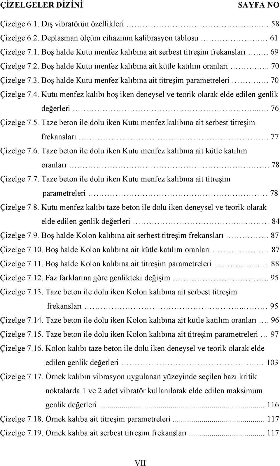 Kutu menfez kal6b6 bo7 iken deneysel ve teorik olarak elde edilen genlik de@erleri.... 76 Çizelge 7.5. Taze beton ile dolu iken Kutu menfez kal6b6na ait serbest titre7im frekanslar6. 77 Çizelge 7.6. Taze beton ile dolu iken Kutu menfez kal6b6na ait kütle kat6l6m oranlar6.