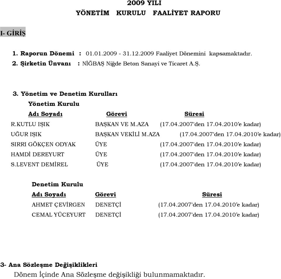 04.2007'den 17.04.2010 e kadar) HAMDİ DEREYURT ÜYE (17.04.2007'den 17.04.2010 e kadar) S.LEVENT DEMİREL ÜYE (17.04.2007'den 17.04.2010 e kadar) Denetim Kurulu Adı Soyadı Görevi Süresi AHMET ÇEVİRGEN DENETÇİ (17.