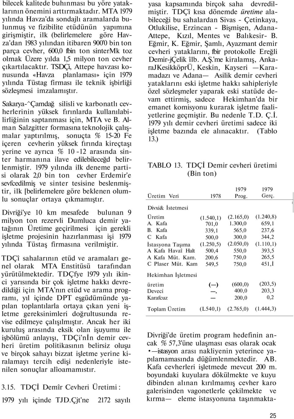 sintermk toz olmak Üzere yılda 1,5 milyon ton cevher çıkartılacaktır. TSDÇi, Attepe havzası konusunda «Havza planlaması» için 1979 yılında Tüstag firması ile teknik işbirliği sözleşmesi imzalamıştır.