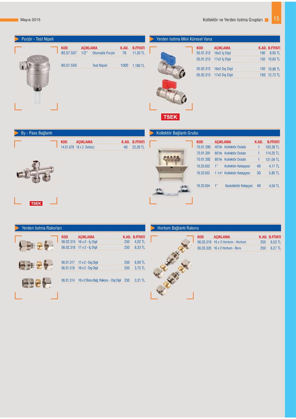 01.391 60 lık Kollektör Dolabı 1 114,25 TL 70.01.392 80 lık Kollektör Dolabı 1 131,04 TL 18.20.502 1 Kollektör Kelepçesi 40 4,17 TL 18.20.503 1 1/4 Kollektör Kelepçesi 30 5,85 TL 18.20.504 1 Kaskollektör Kelepçesi 40 4,04 TL Yerden Isıtma Rakorları 06.