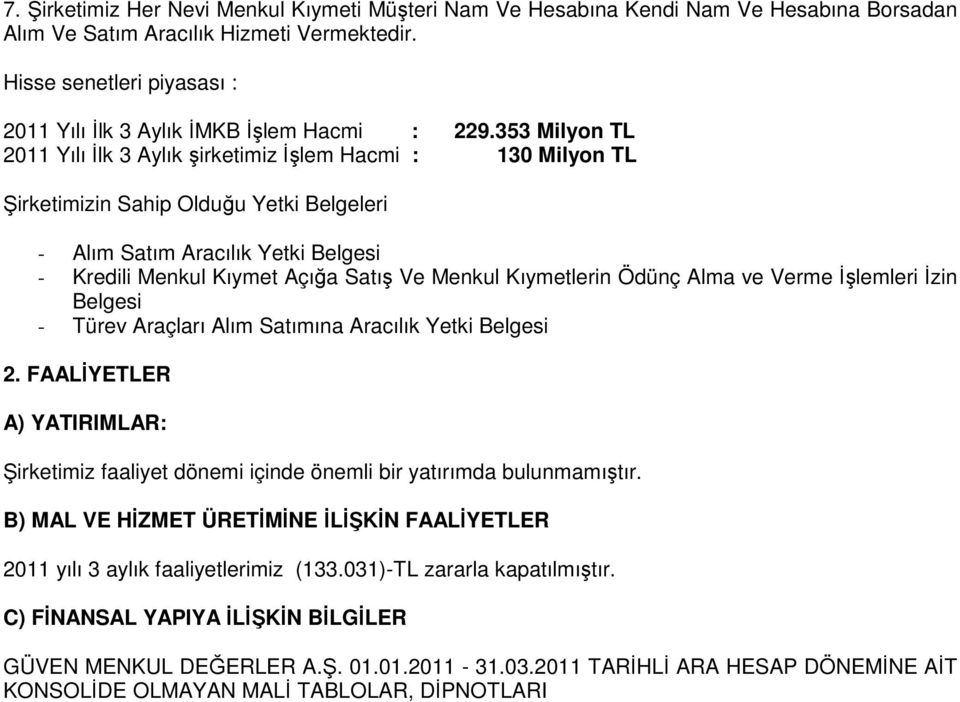 353 Milyon TL 2011 Yılı İlk 3 Aylık şirketimiz İşlem Hacmi : 130 Milyon TL Şirketimizin Sahip Olduğu Yetki Belgeleri - Alım Satım Aracılık Yetki Belgesi - Kredili Menkul Kıymet Açığa Satış Ve Menkul