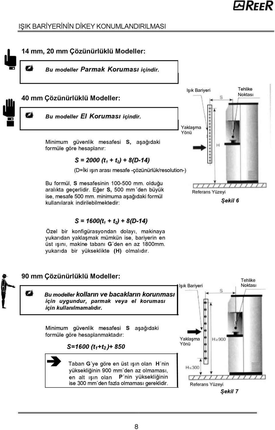 Minimum güvenlik mesafesi S, aþaðýdaki formüle göre hesaplanýr: Yaklaþma Yönü S = 2000 (t 1 + t 2 ) + 8(D-14) (D=Ýki ýþýn arasý mesafe -çözünürlük/resolution-))) Bu formül, S mesafesinin 100-500 mm.