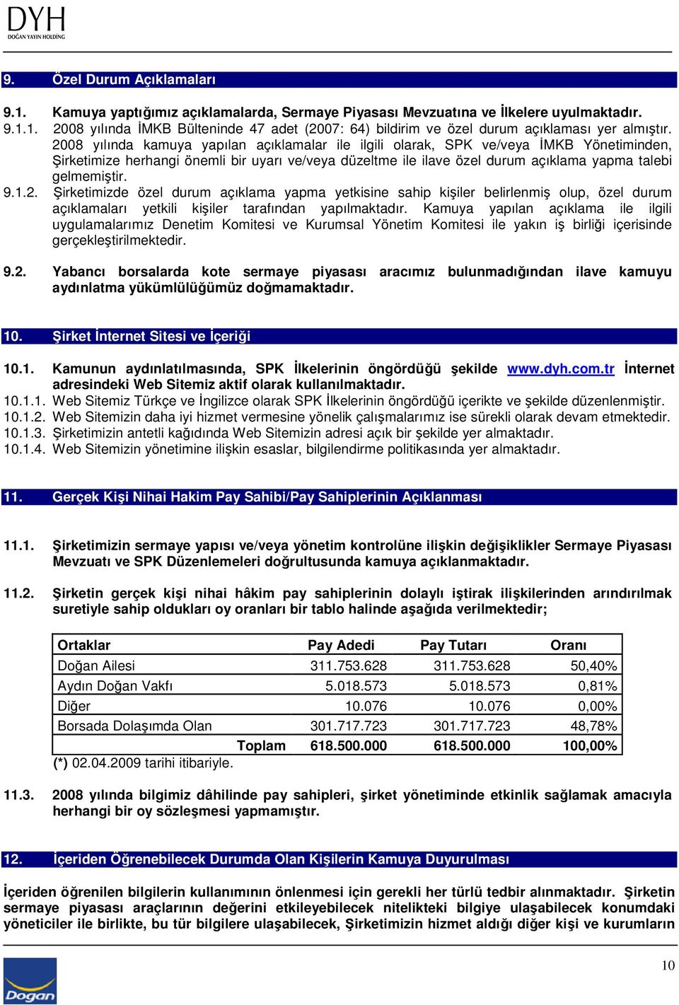 9.1.2. Şirketimizde özel durum açıklama yapma yetkisine sahip kişiler belirlenmiş olup, özel durum açıklamaları yetkili kişiler tarafından yapılmaktadır.